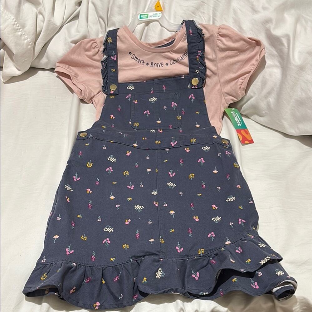 365 kids 10 Pink Top grey Floral Overall Dress jumper denim Set nwt